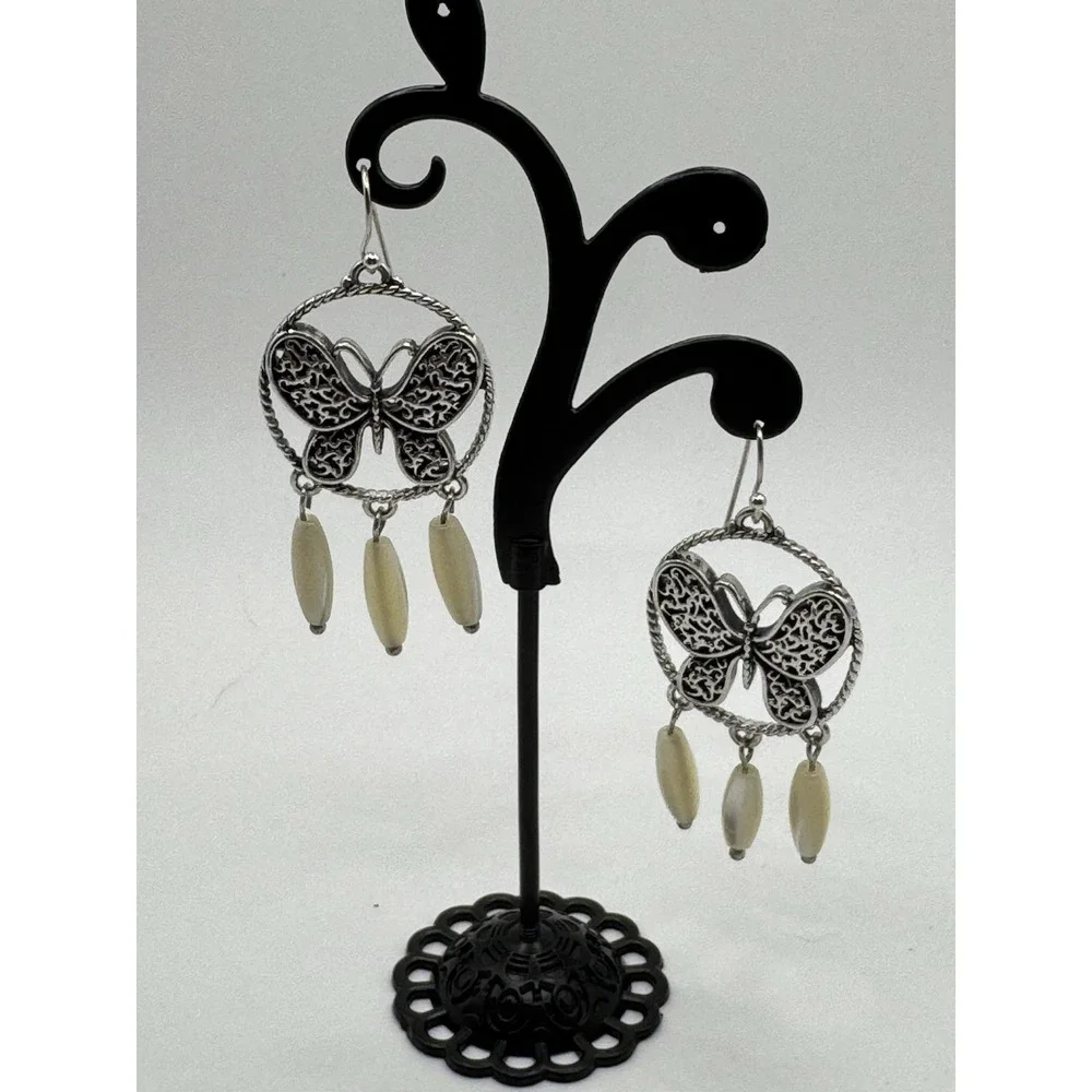 Vintage Butterfly‎ Silver And Mother of Pearl Earrings
